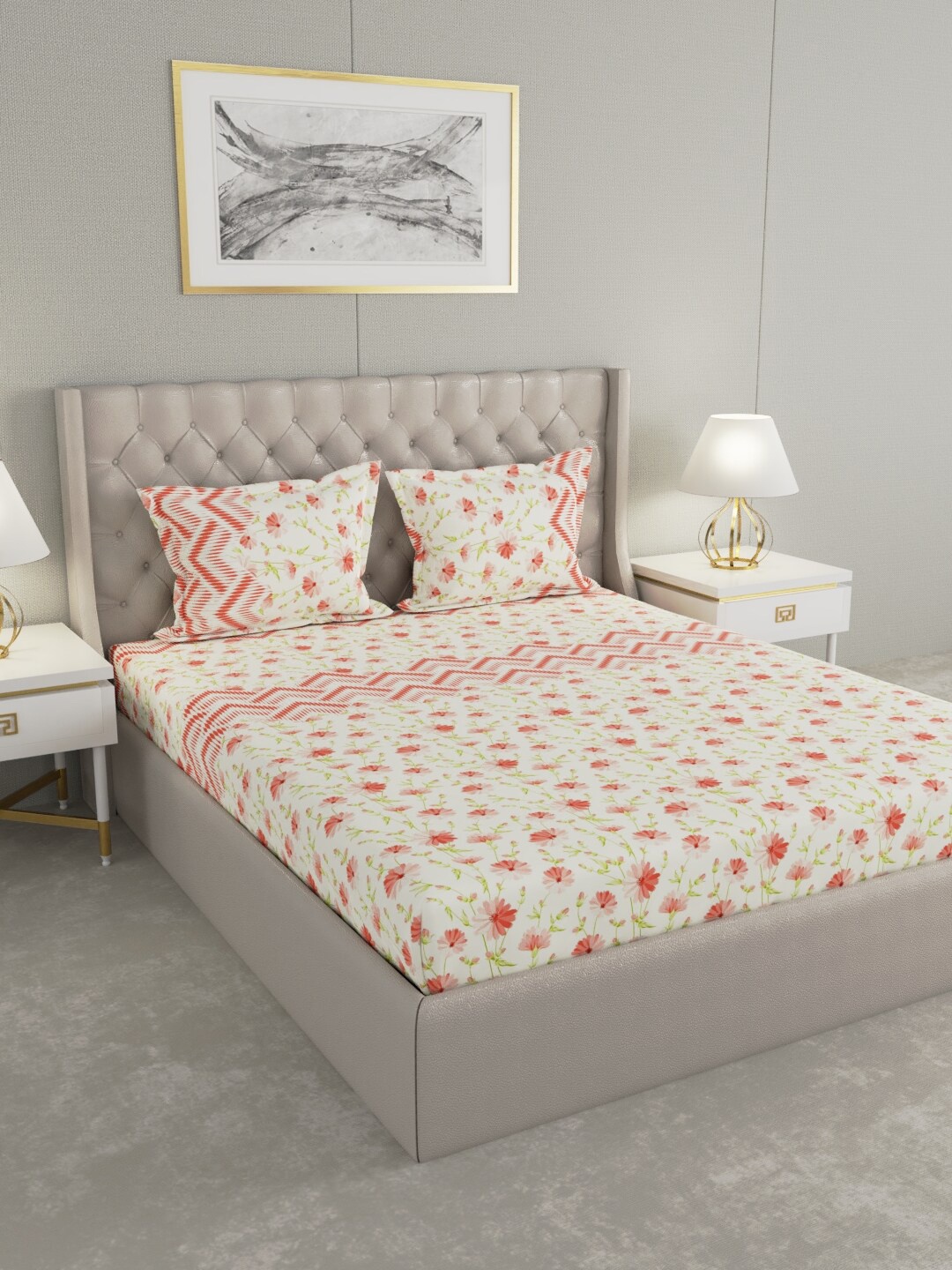 

Raymond Home White & Red Floral 104 TC Cotton King Bedsheet with 2 Pillow Covers