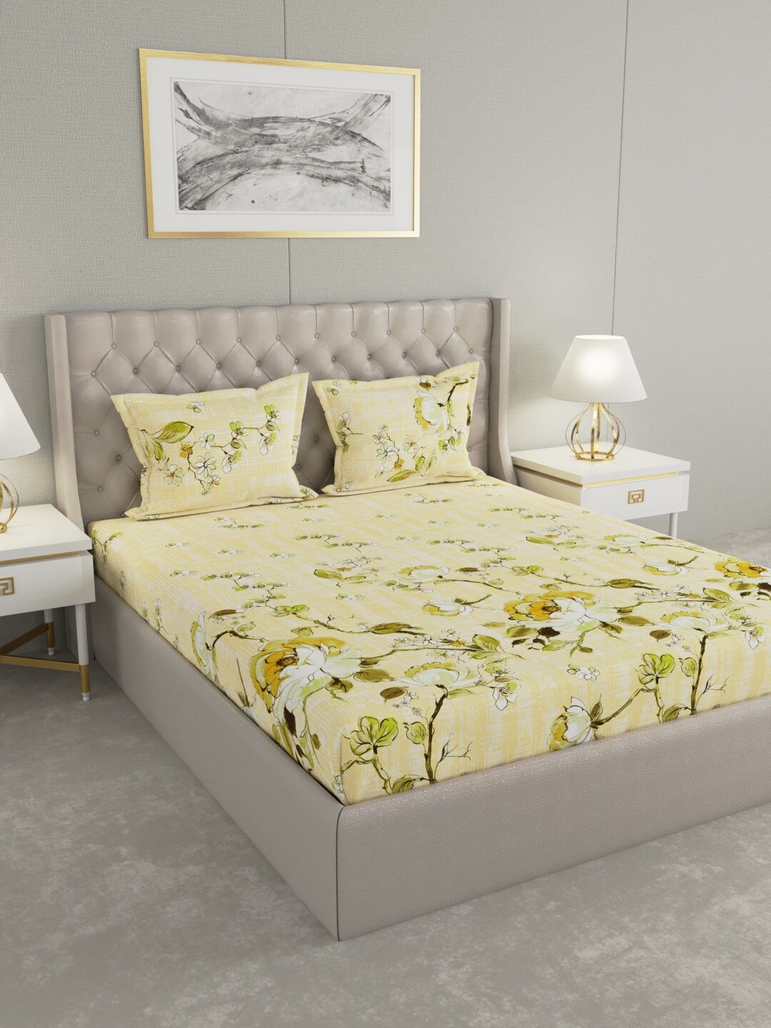 

Raymond Home Yellow & Green Floral 104 TC King Bedsheet with 2 Pillow Covers
