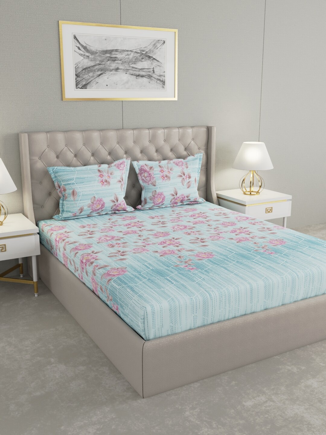 

Raymond Home Blue & Pink Floral 104 TC Cotton King Bedsheet with 2 Pillow Covers