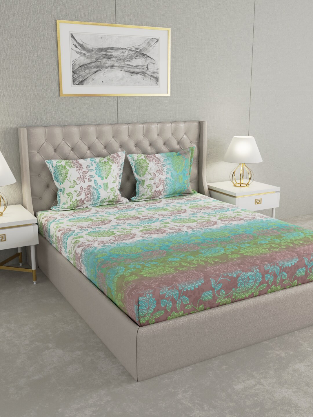 

Raymond Home White & Green Floral 104 TC King Bedsheet with 2 Pillow Covers