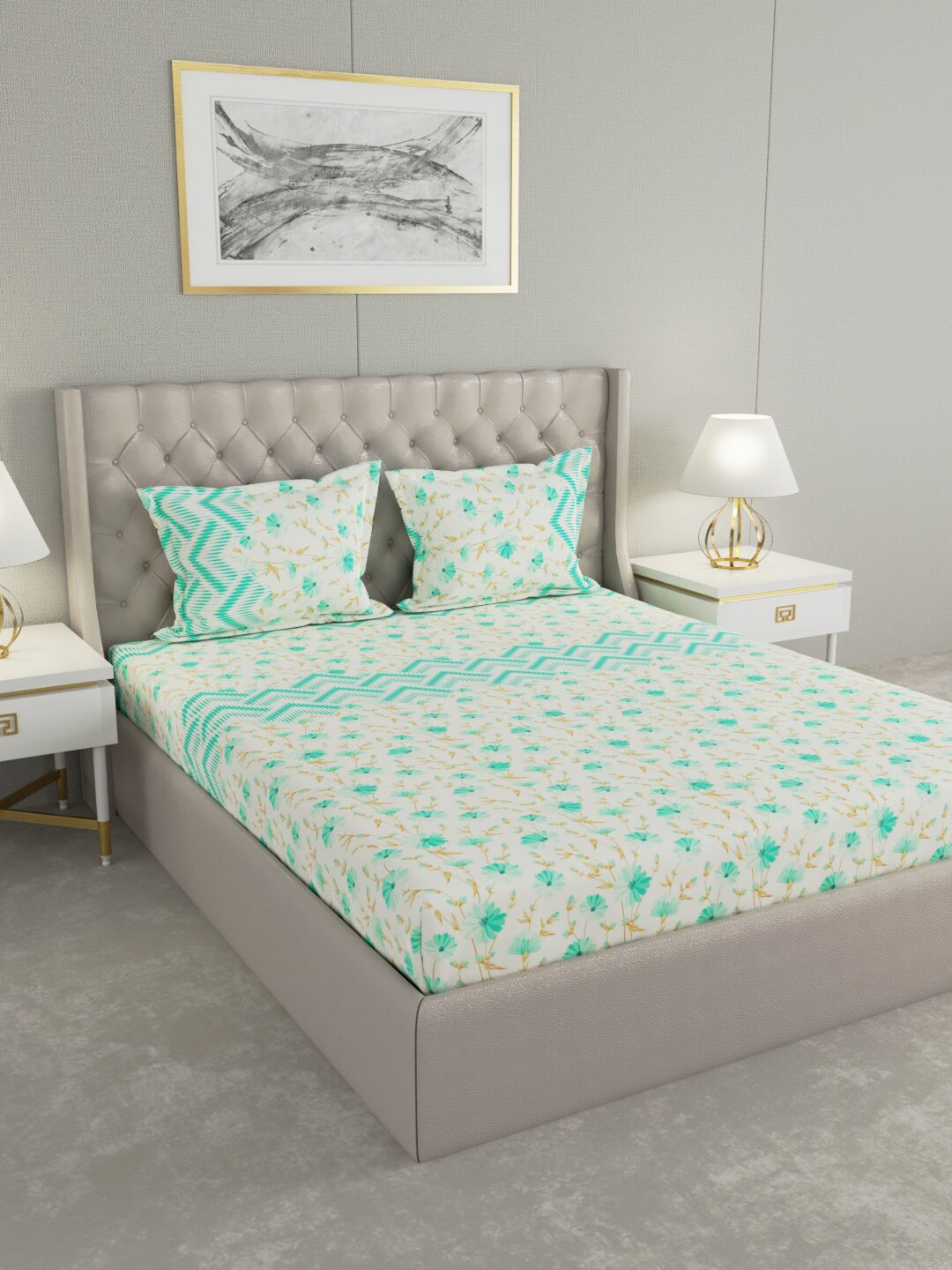 

Raymond Home White & Sea Green Floral 104 TC King Bedsheet with 2 Pillow Covers