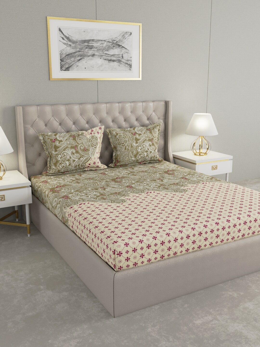 Raymond Home Beige & Green Ethnic Motifs 104 TC Cotton King Bedsheet with 2 Pillow Covers