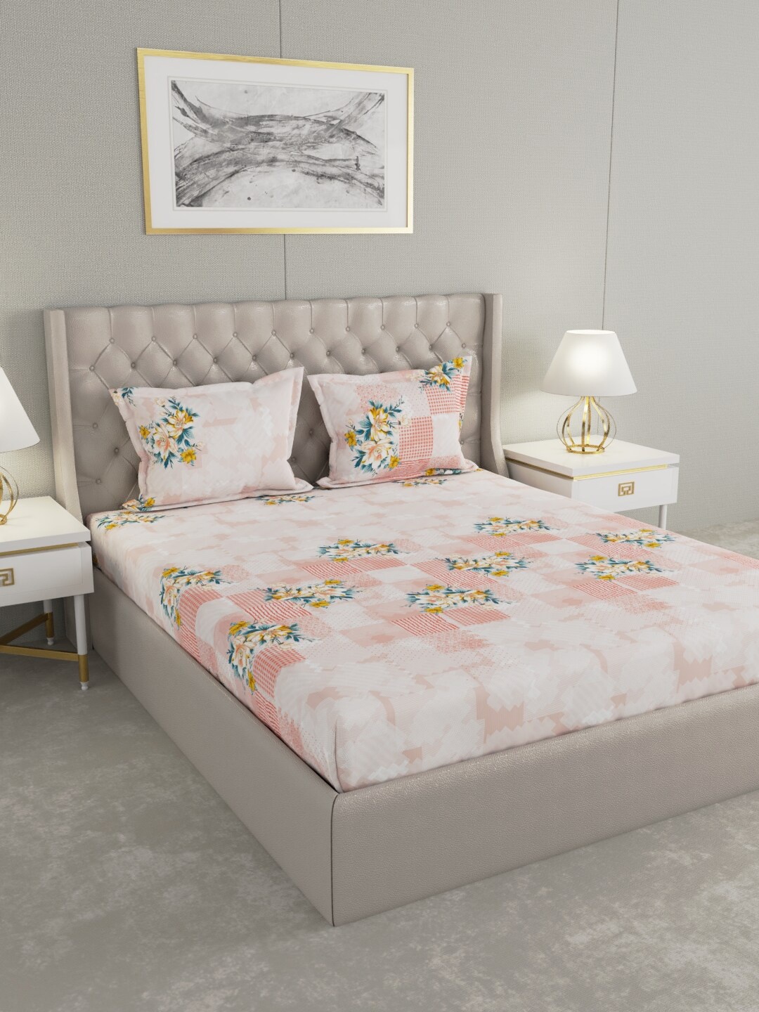 

Raymond Home White & Peach-Coloured Floral 104 TC King Bedsheet with 2 Pillow Covers