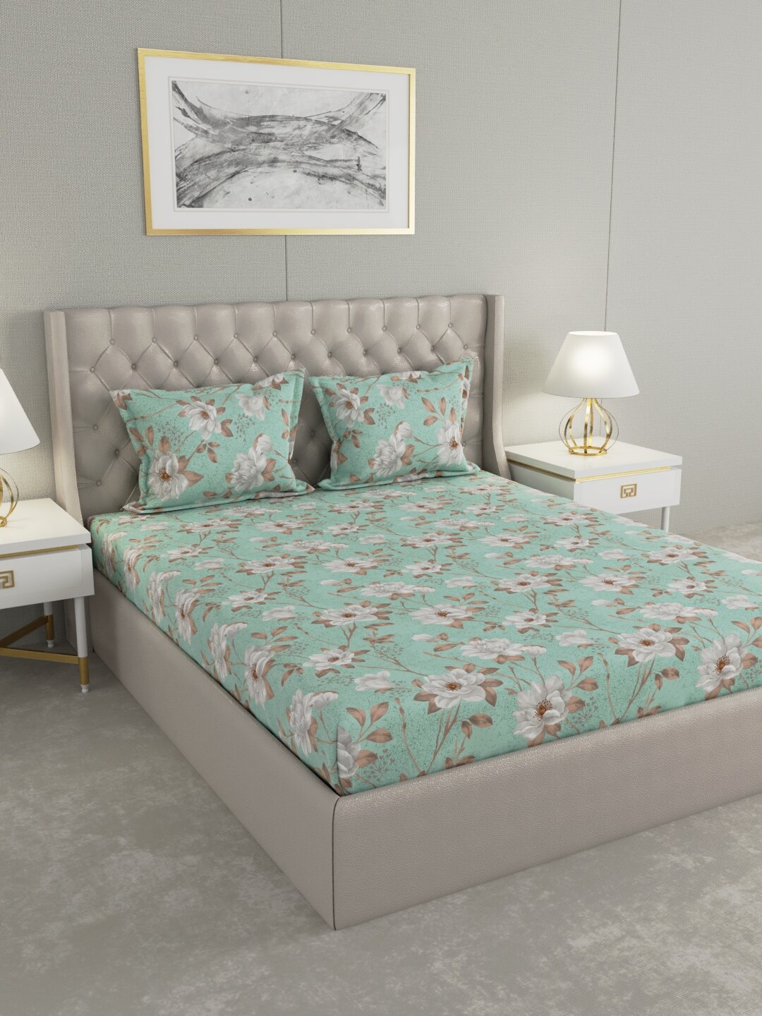 

Raymond Home Green & Brown Floral 104 TC King Bedsheet with 2 Pillow Covers