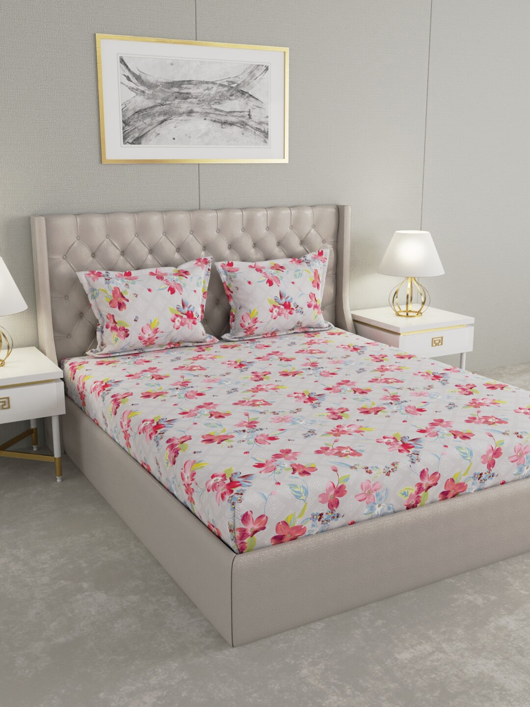 

Raymond Home White & Red Floral 104 TC Cotton King Bedsheet with 2 Pillow Covers
