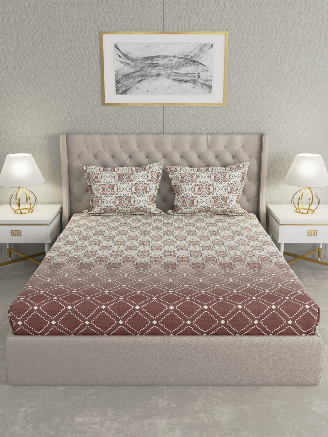 

Raymond Home Off White & Maroon Ethnic Motifs 104 TC King Bedsheet with 2 Pillow Covers