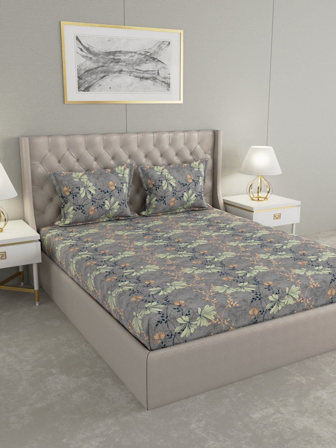 

Raymond Home Grey & Black Floral 104 TC Cotton King Bedsheet with 2 Pillow Covers