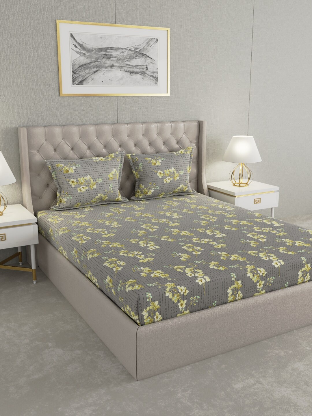 

Raymond Home Grey & Green Floral 104 TC King Bedsheet with 2 Pillow Covers