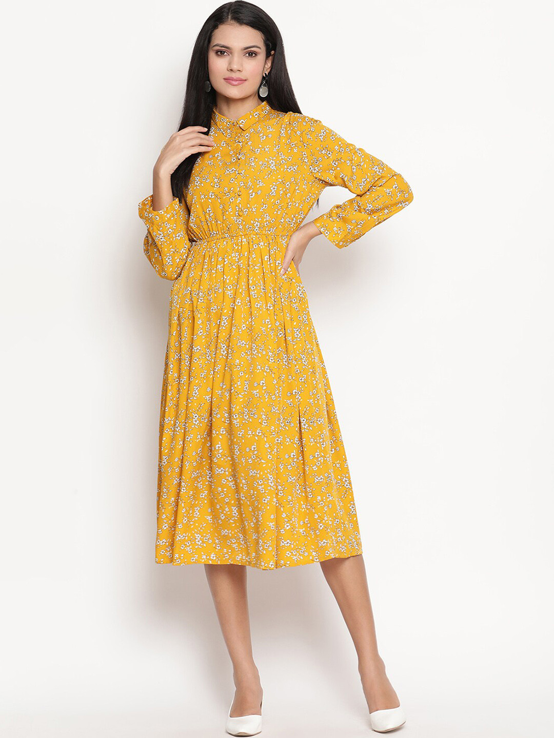 

HOUSE OF KKARMA Women Yellow & White Floral Printed Georgette Shirt Dress