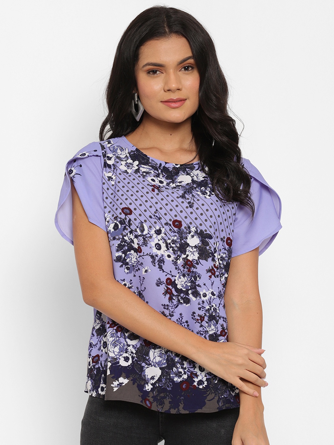 

HOUSE OF KKARMA Women Lavender & Black Floral Georgette Regular Top