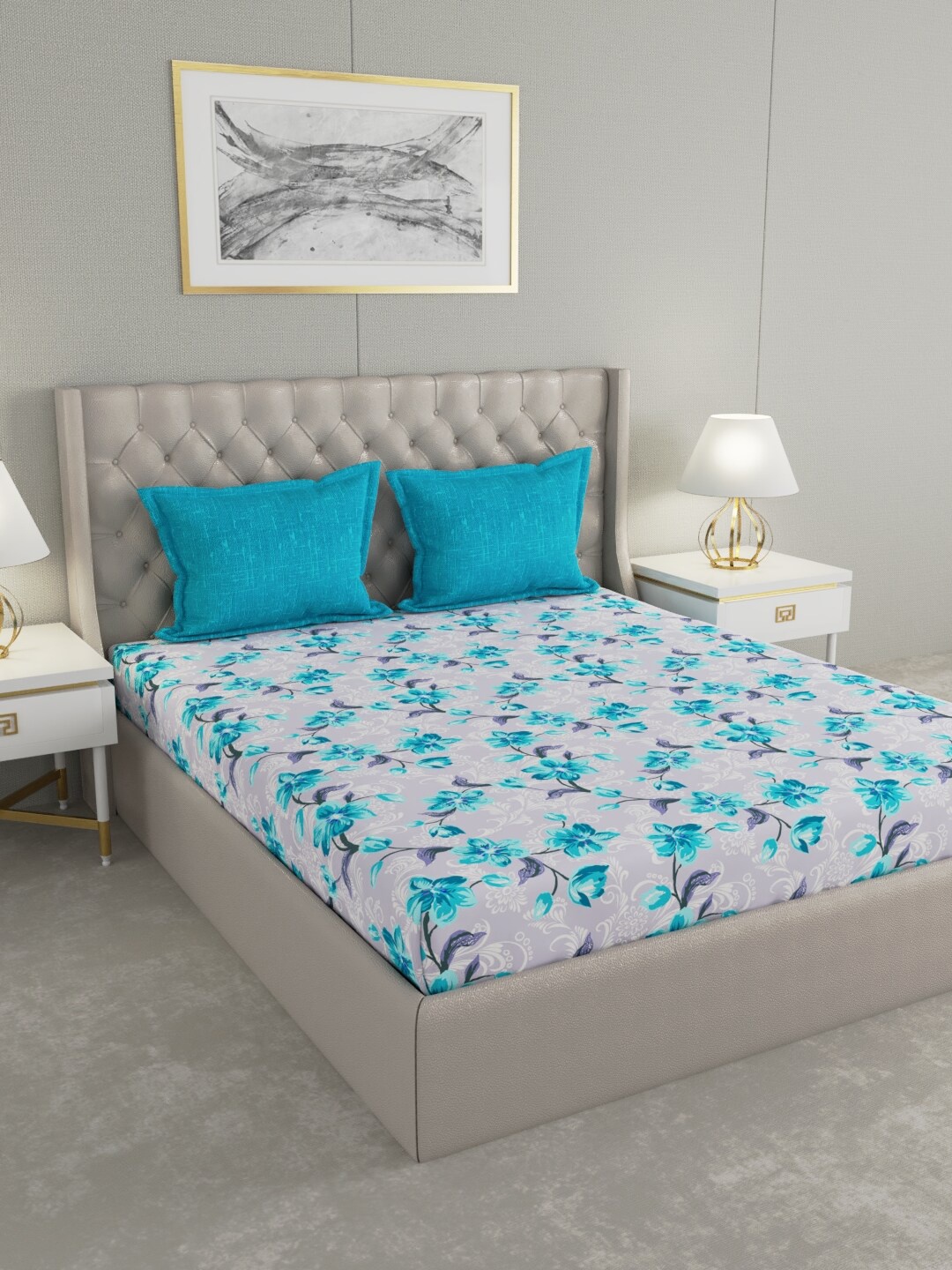 

Raymond Home Lavender & Blue Floral 140 TC Cotton King Bedsheet with 2 Pillow Covers
