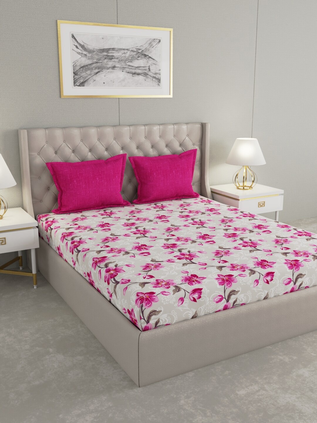 

Raymond Home Grey Floral 140 TC Cotton King Bedsheet with 2 Pillow Covers