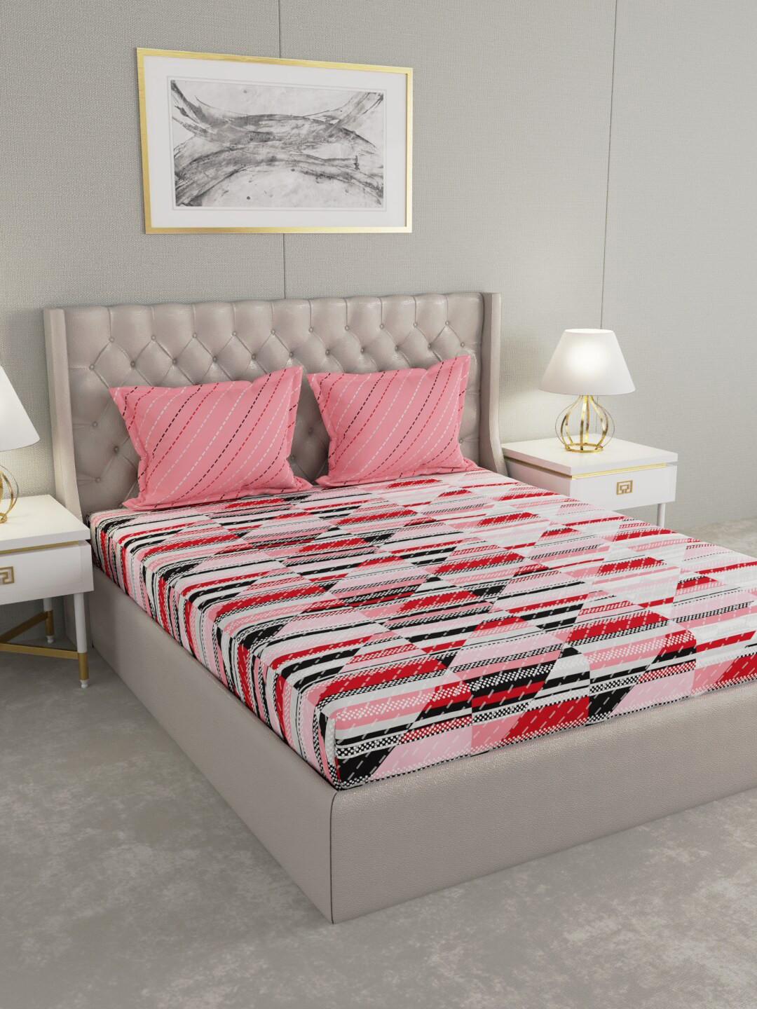 

Raymond Home Pink & Grey 140 TC Cotton King Bedsheet with 2 Pillow Covers