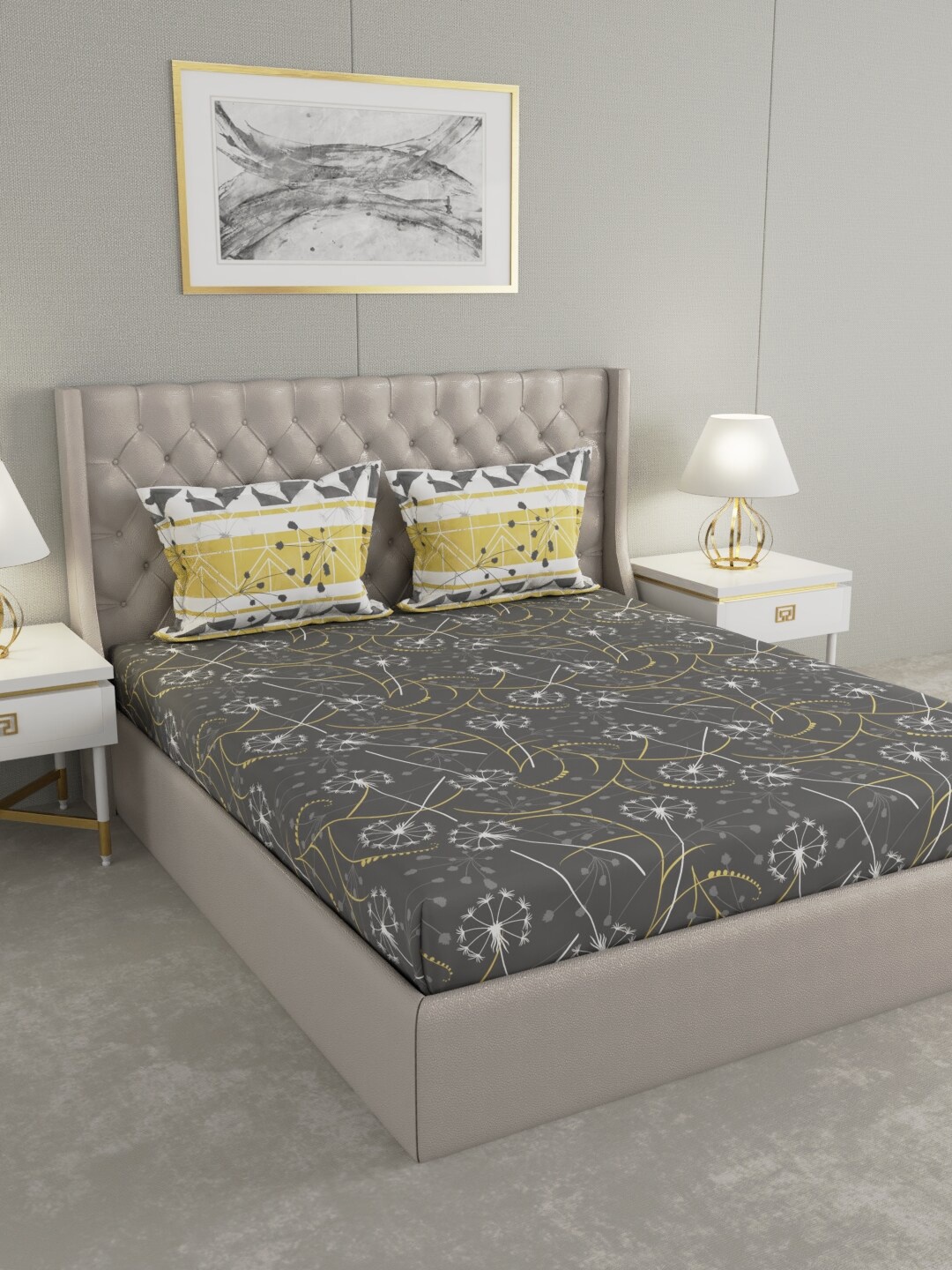 

Raymond Home Grey & Yellow Floral 140 TC King Bedsheet with 2 Pillow Covers