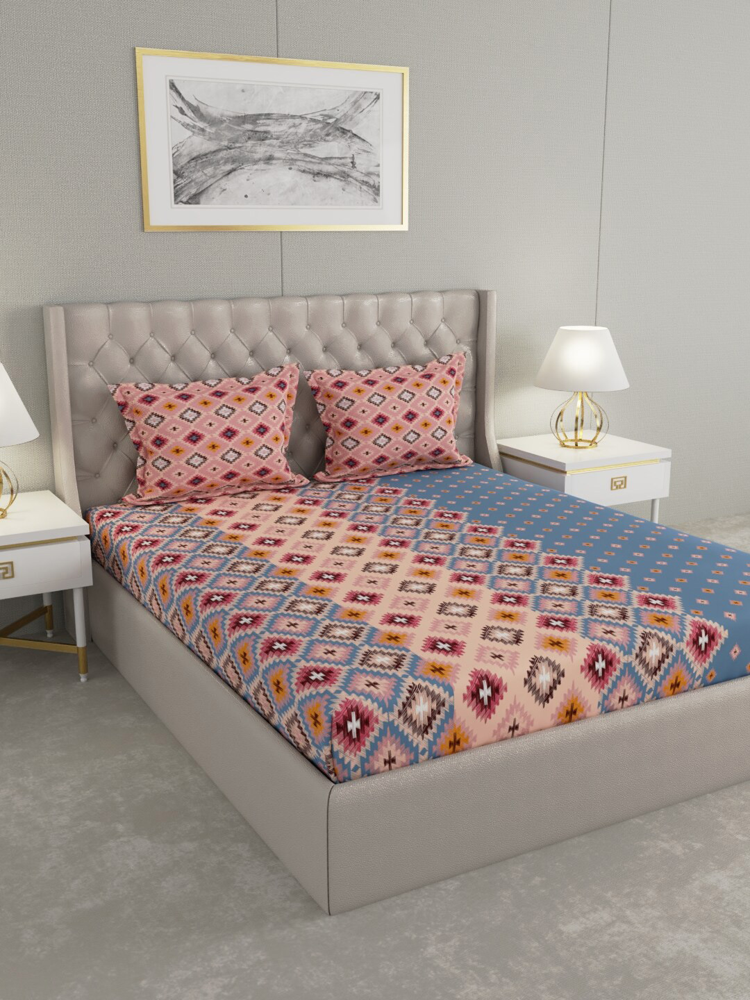 

Raymond Home Blue & Peach-Coloured Geometric 140 TC King Bedsheet with 2 Pillow Covers