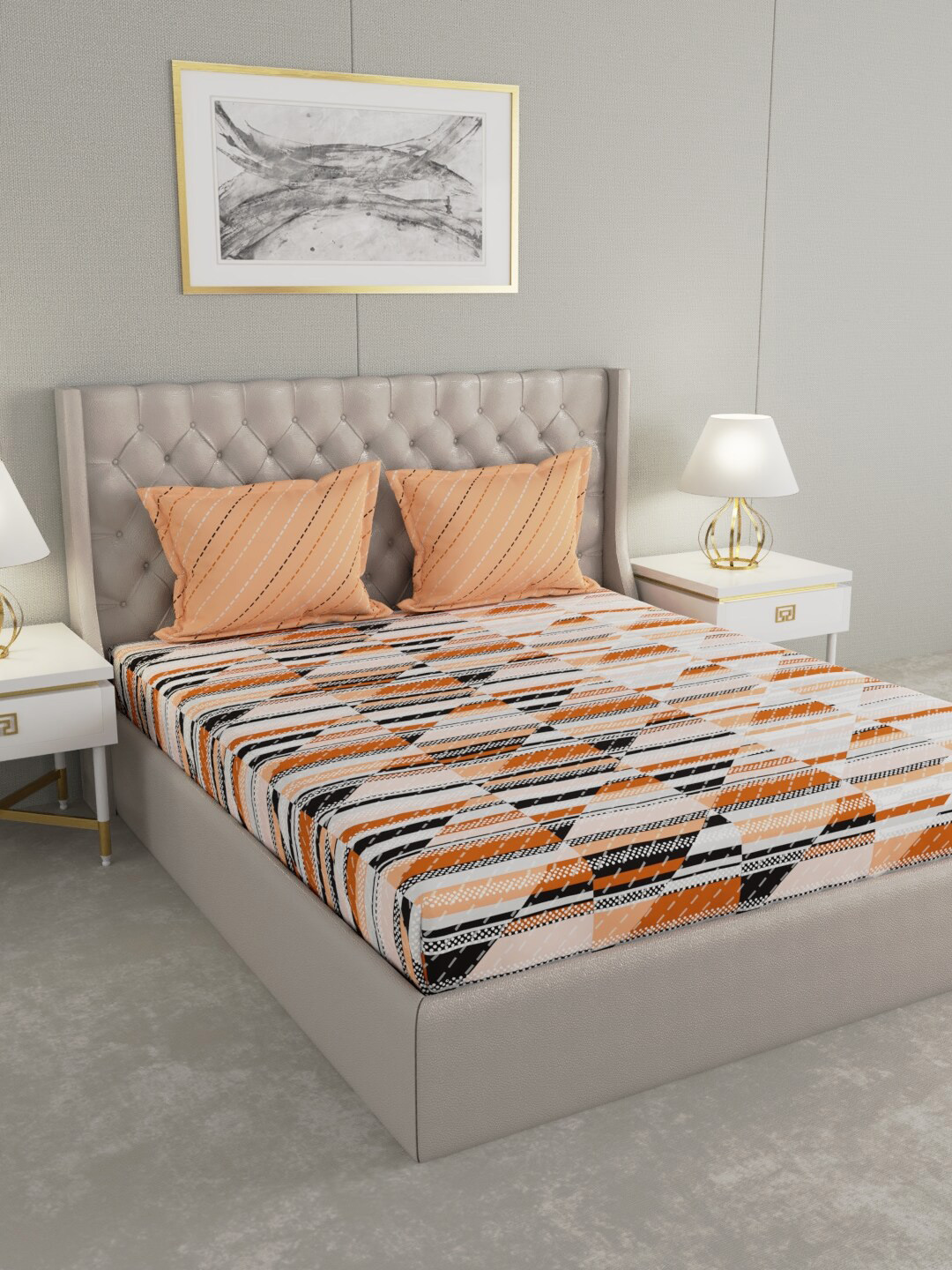 

Raymond Home White & Brown Geometric 140 TC King Bedsheet with 2 Pillow Covers