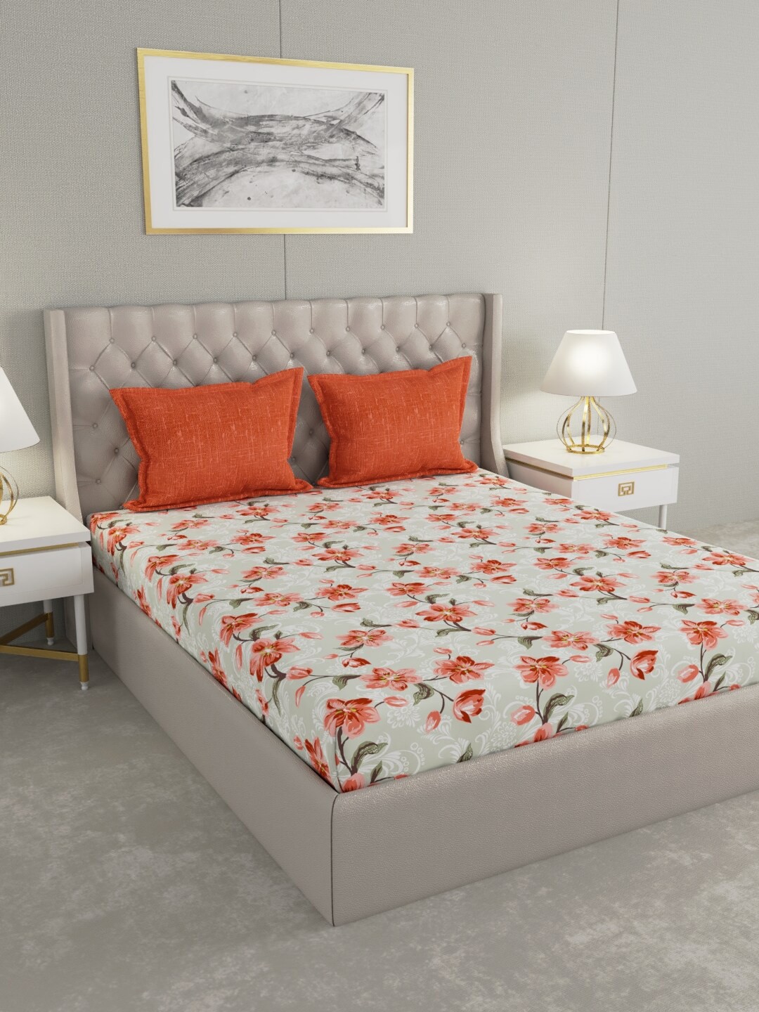 

Raymond Home Grey & Orange Floral 140 TC Cotton King Bedsheet with 2 Pillow Covers