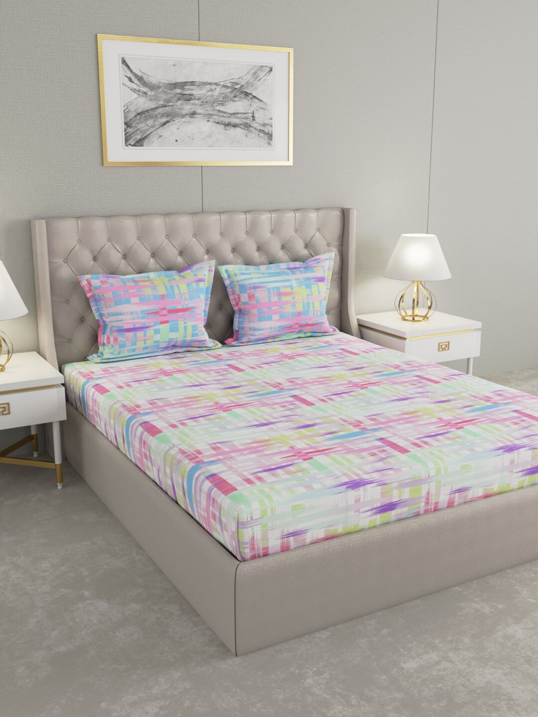 

Raymond Home White & Magenta 140 TC King Bedsheet with 2 Pillow Covers