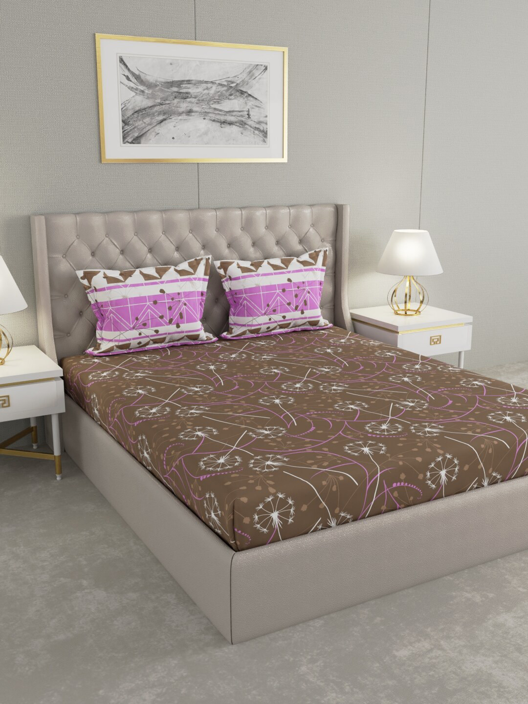 

Raymond Home Brown & Pink Floral 140 TC King Bedsheet with 2 Pillow Covers