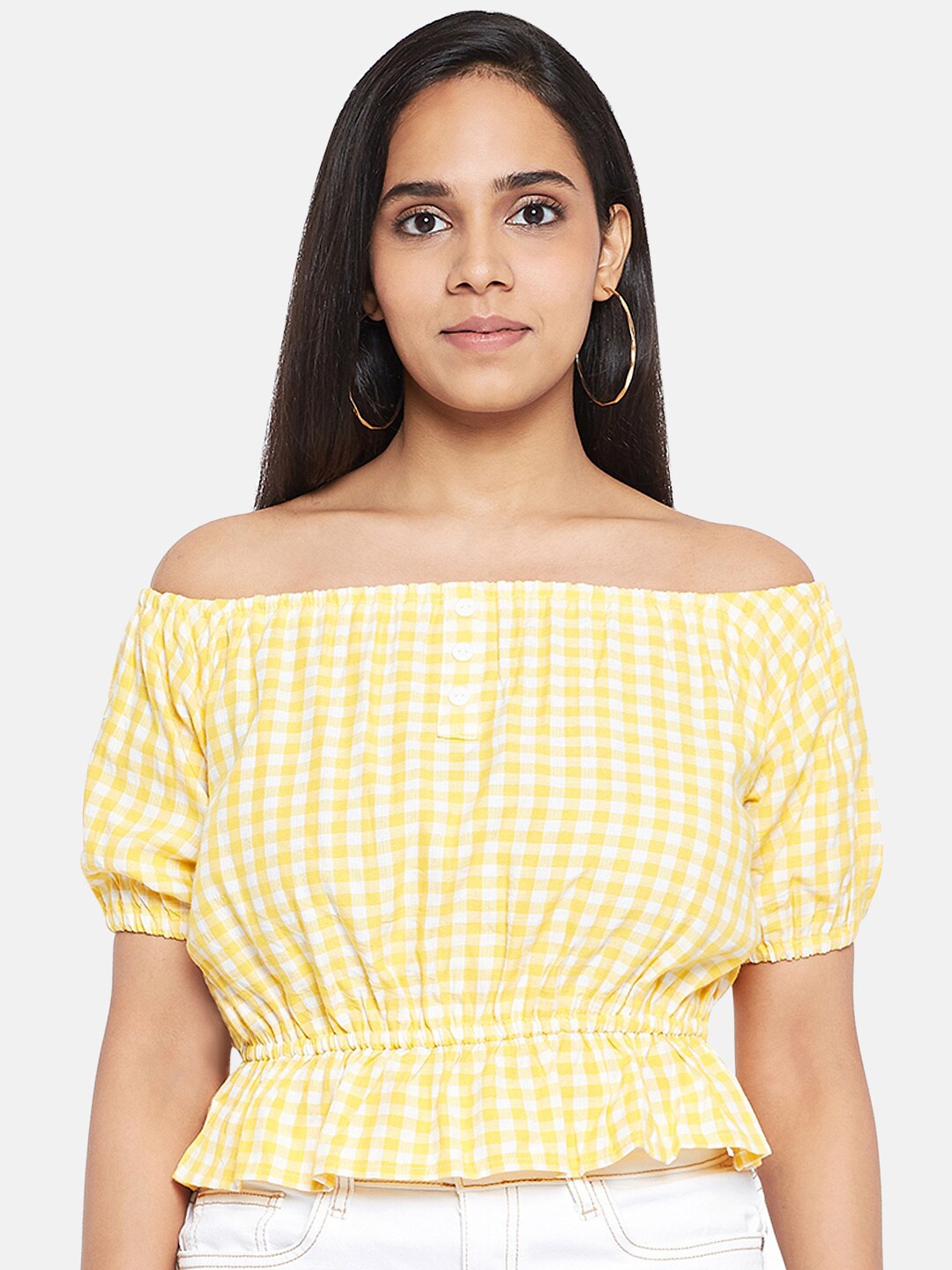 

People Yellow Checked Off-Shoulder Puff Sleeve Bardot Top