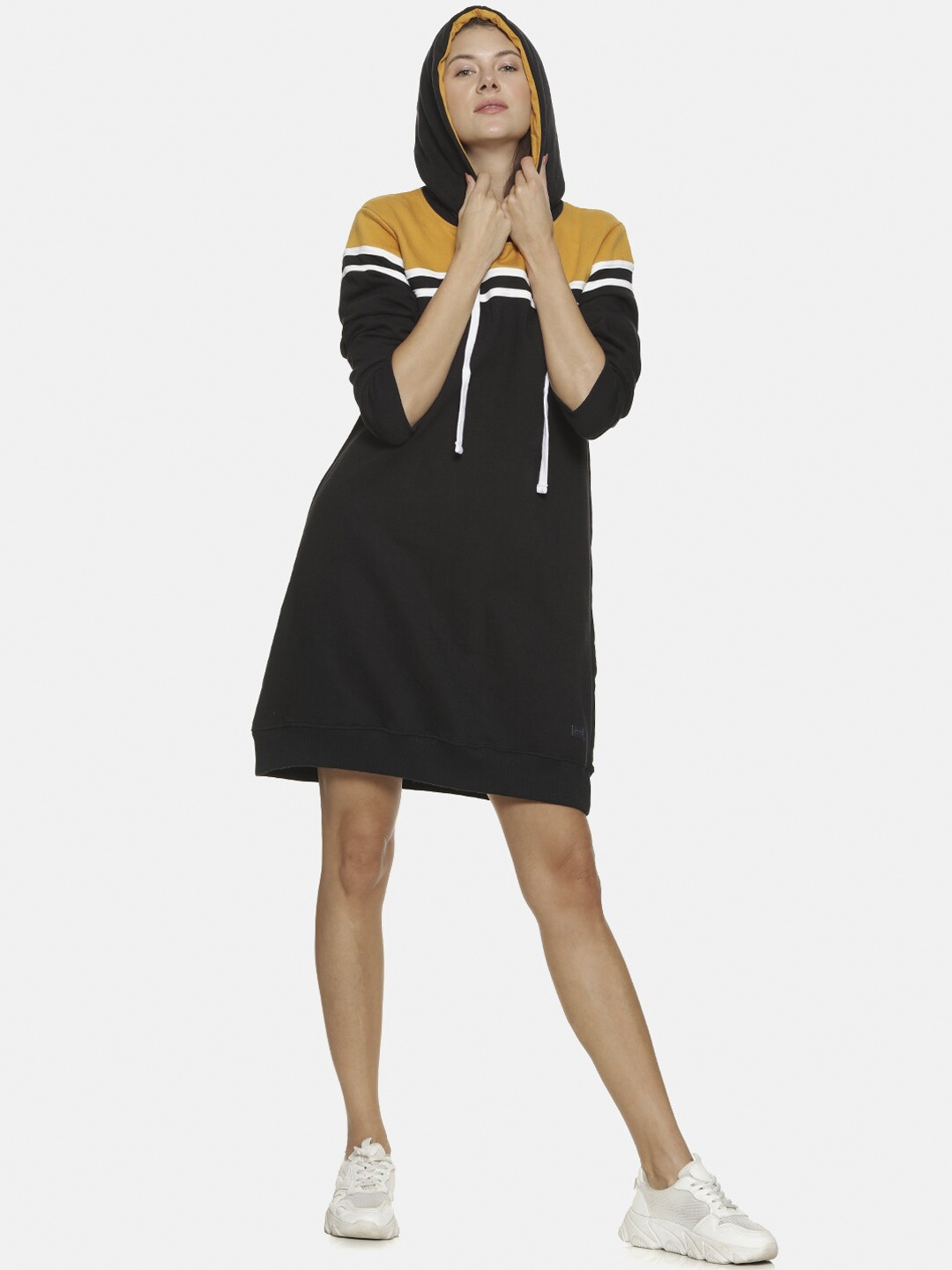 

Campus Sutra Women Black & Mustard Colourblocked Hooded Pure Cotton Sweater Dress