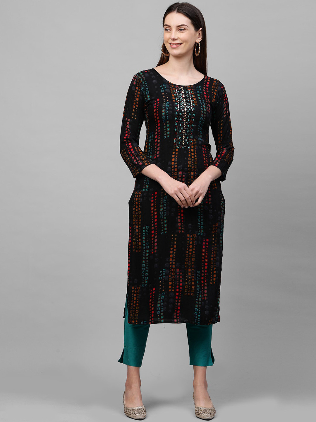 

FASHOR Women Black Ethnic Motifs Embroidered Mirror Work Kurta