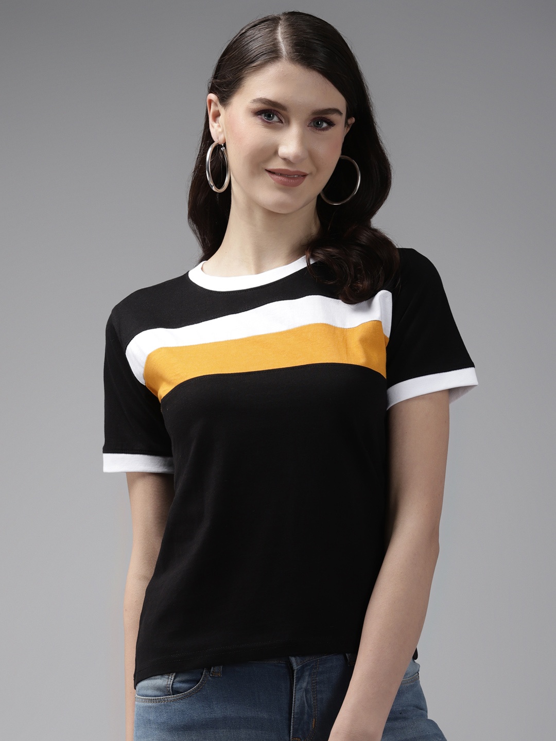 

The Dry State Women Black White Colourblocked Pure Cotton T-shirt