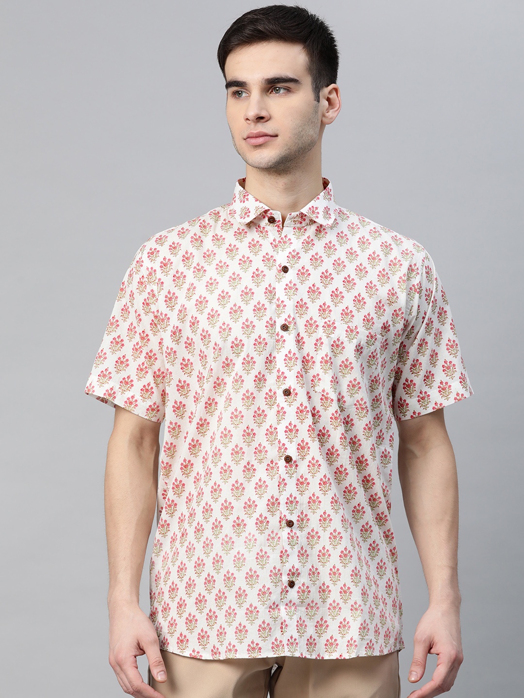 

MILLENNIAL MEN White & Pink Ethnic Motifs Print Comfort Fit Casual Shirt