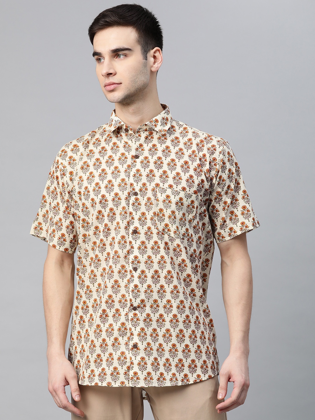 

MILLENNIAL MEN Cream-Coloured Comfort Floral Printed Pure Cotton Casual Shirt