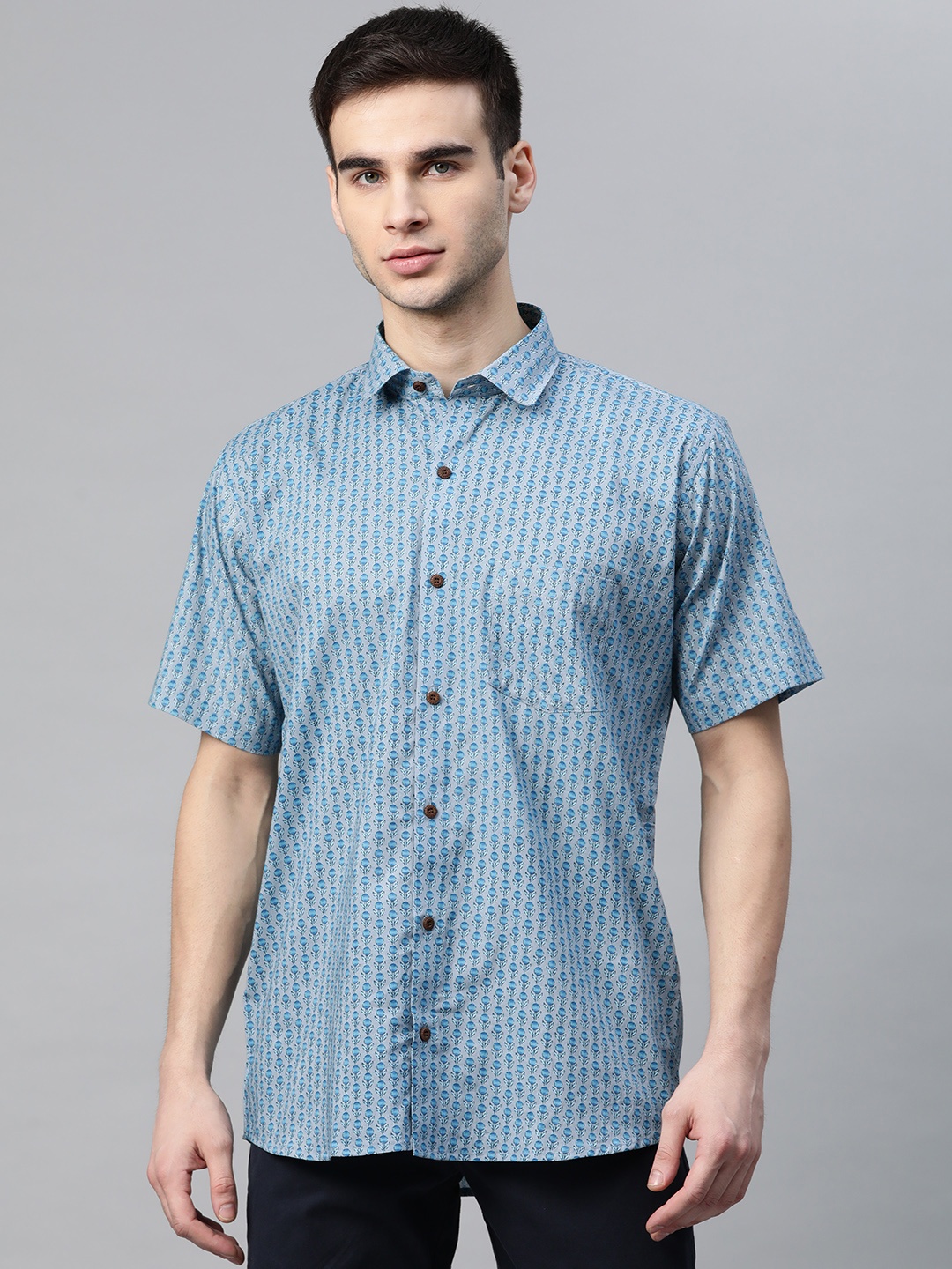 

MILLENNIAL MEN Blue & Grey Comfort Regular Fit Pure Cotton Printed Casual Shirt