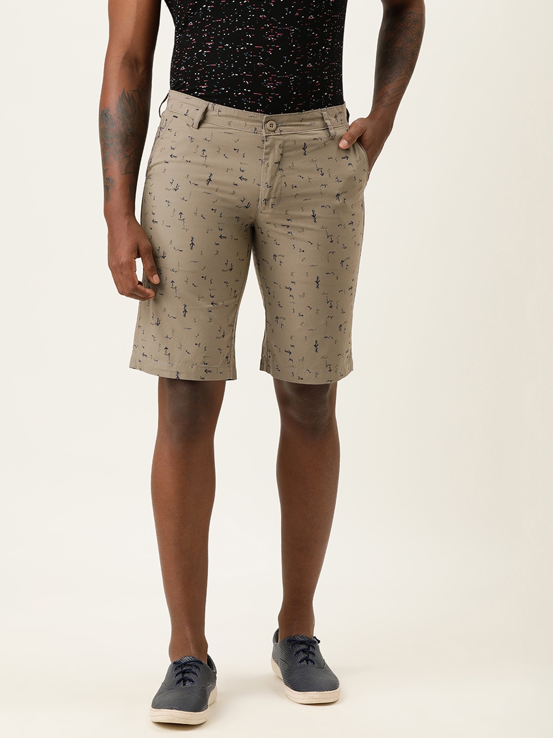 

IVOC Men Khaki Printed Slim Fit Mid-Rise Regular Shorts