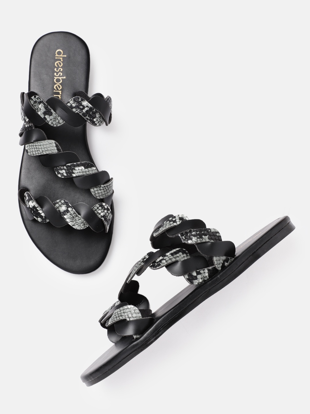 

DressBerry Women Black & Grey Snakeskin Textured & Braided Open Toe Flats