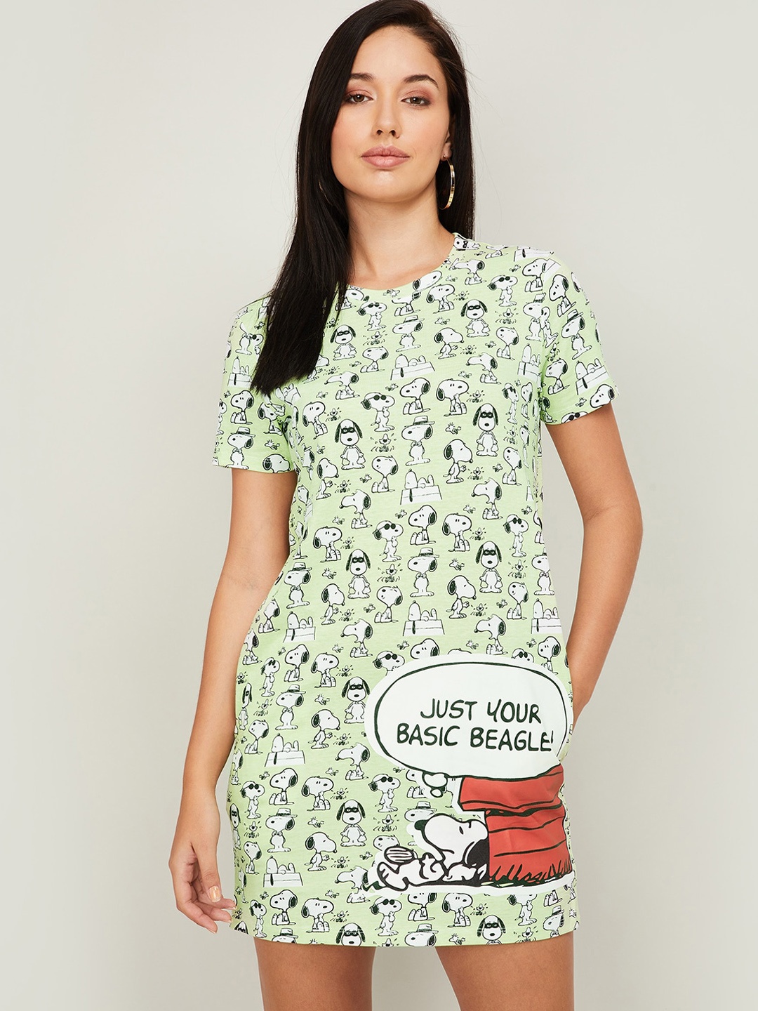 

Ginger by Lifestyle Sea Green & White Conversation Printed Cotton T-shirt Dress