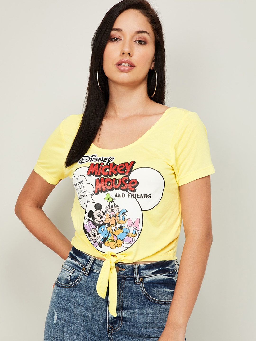 

Ginger by Lifestyle Women Yellow Mickey Mouse Printed Knot Crop T-shirt