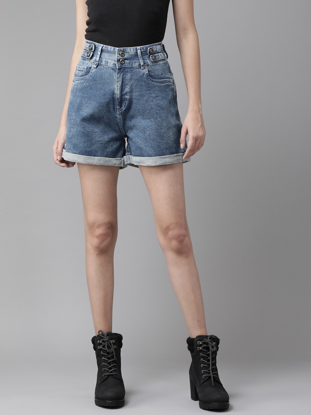 

Roadster Women Navy Blue Solid Boyfriend Fit High-Rise Denim Shorts