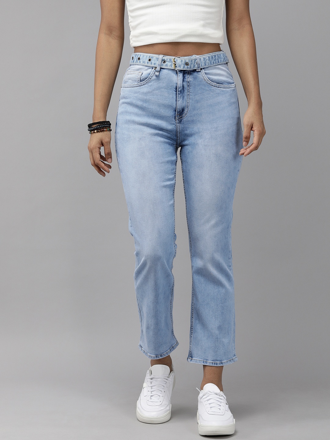 

The Roadster Lifestyle Co Women Blue Straight Fit High-Rise Heavy Fade Stretchable Jeans