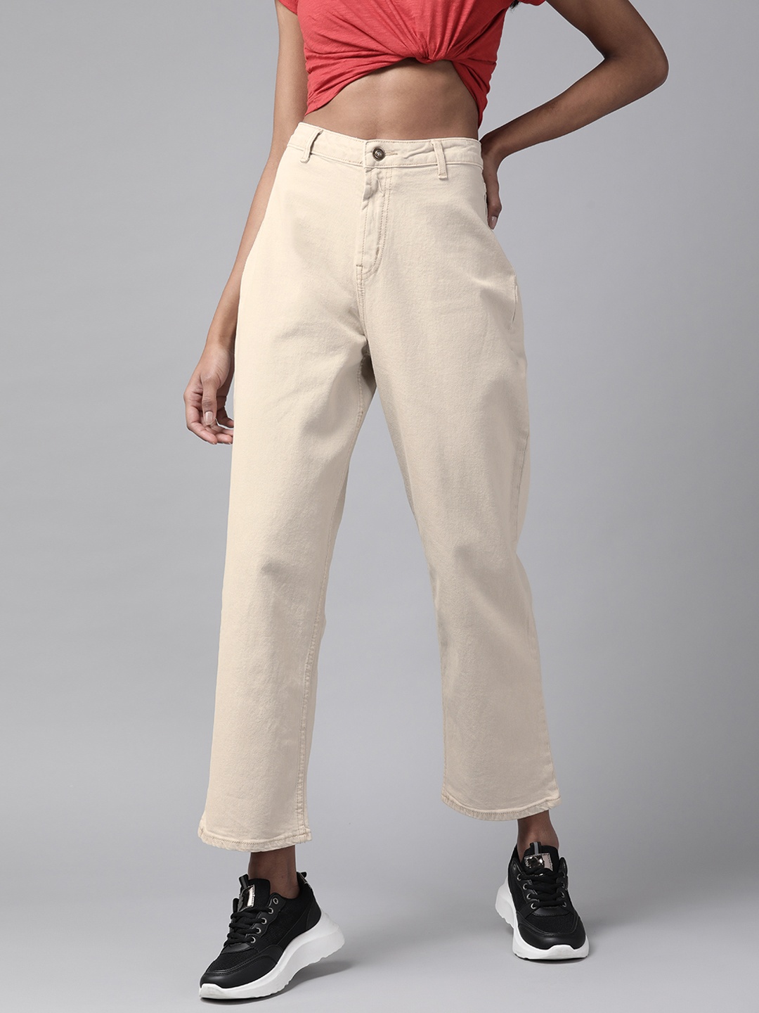 

Roadster Women Cream-Coloured High-Rise Straight Fit Stretchable Cropped Jeans