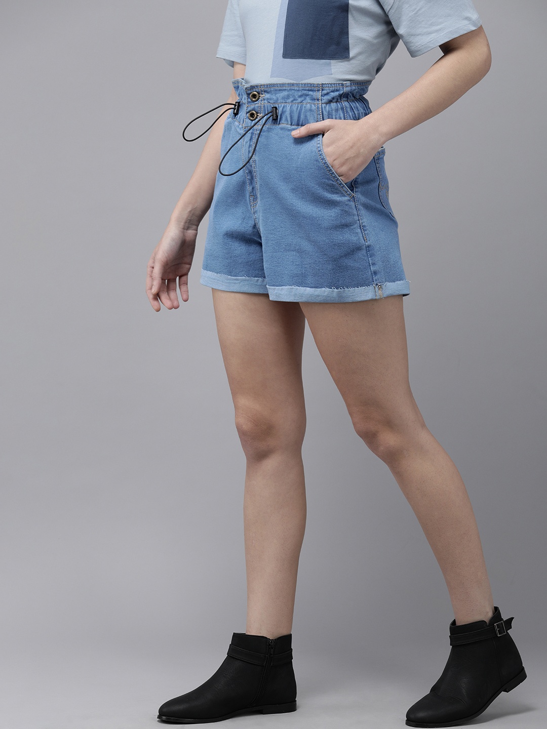 

Roadster Women Blue Washed High-Rise Denim Shorts