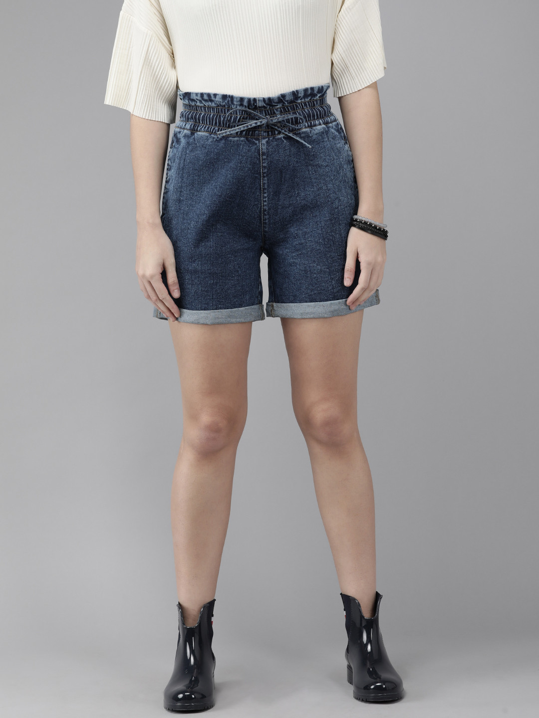 

Roadster Women Navy Blue High-Rise Denim Shorts
