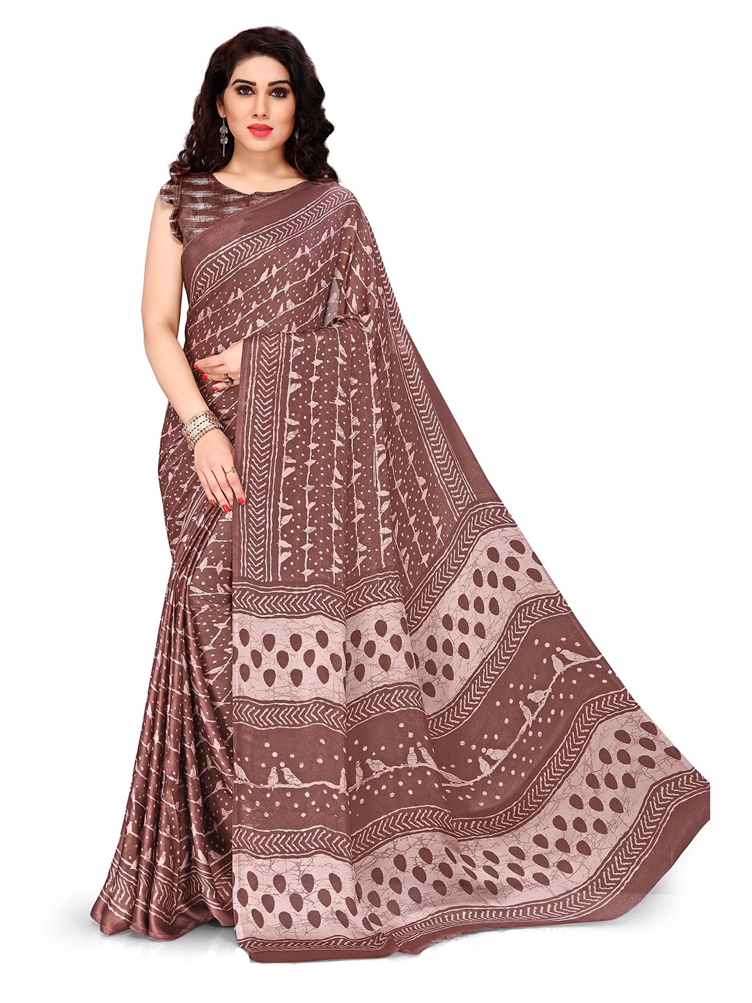 

KALINI Brown Batik Printed Satin Georgette Saree