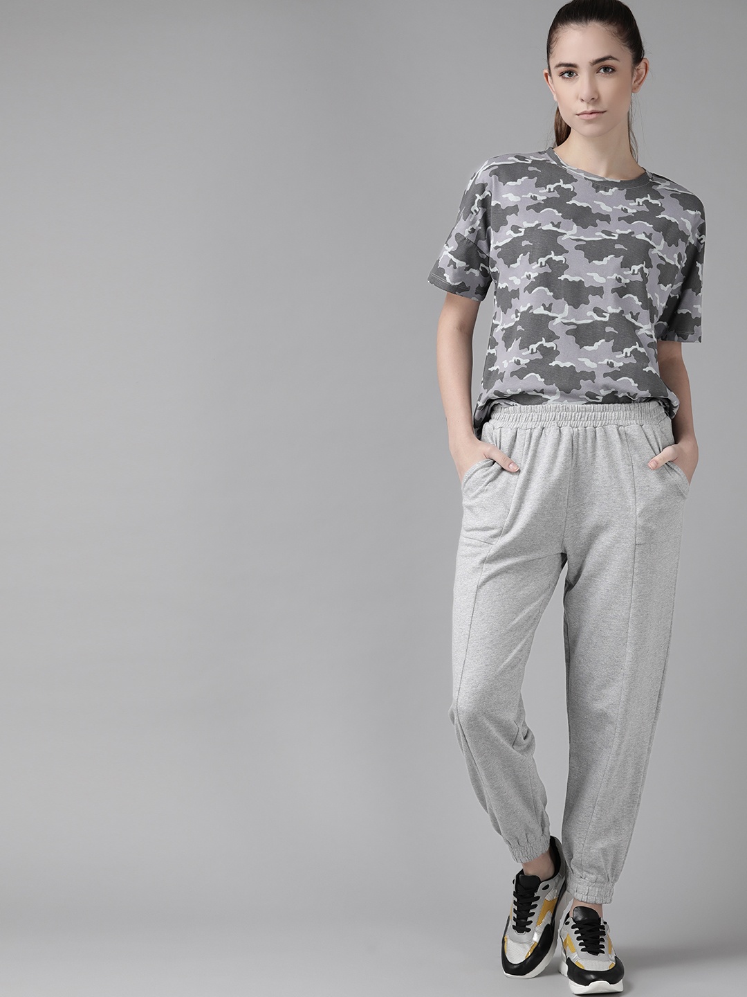 

Roadster Women Grey Camouflage Printed T-shirt with Joggers