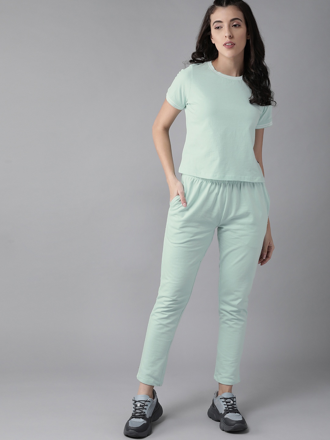 

Roadster Women Turquoise Blue Pure Cotton Solid Co-Ords Set