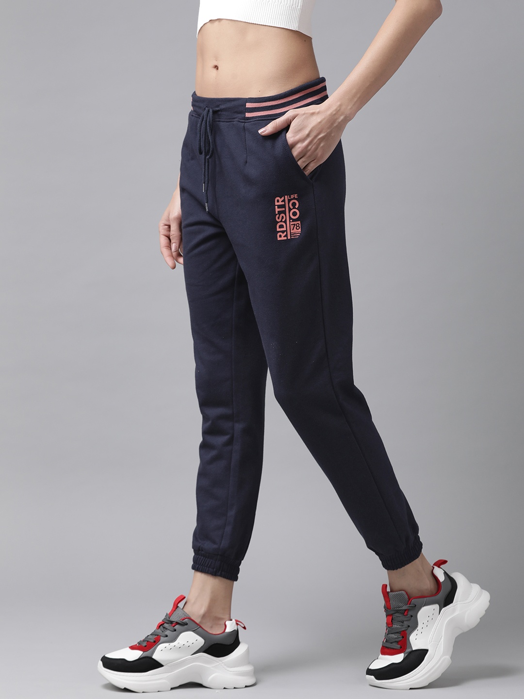 

Roadster Women Navy Blue Brand Logo Printed Regular Joggers