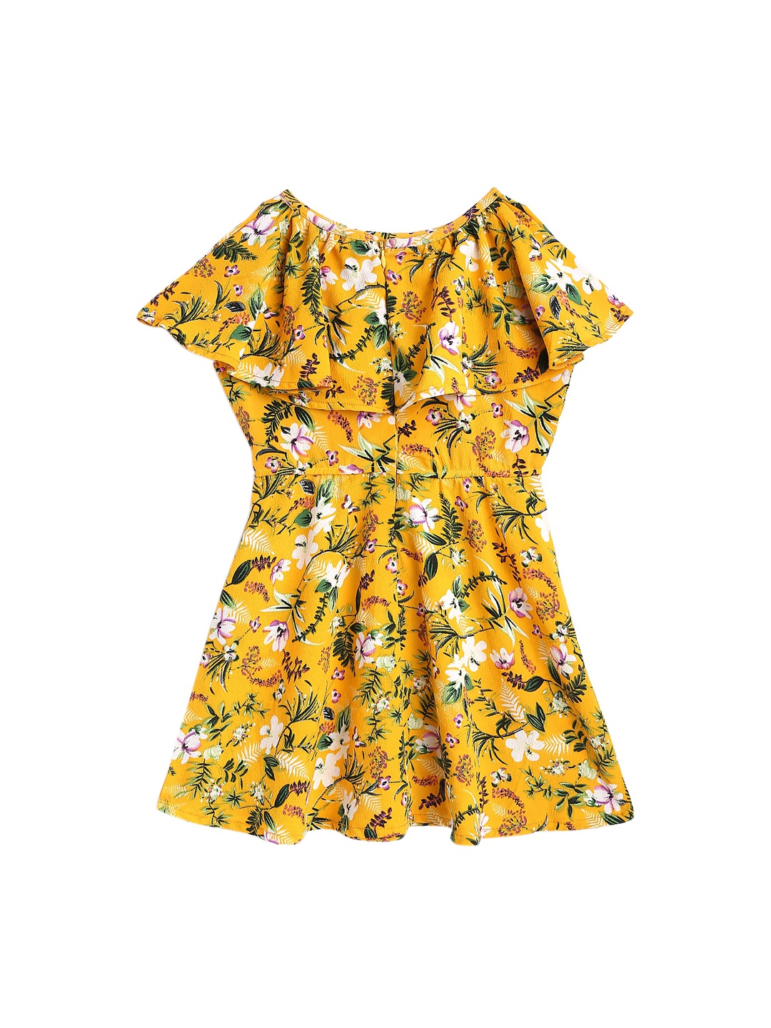 

YK Girls Yellow & Green Tropical Printed Off-Shoulder Crepe Dress