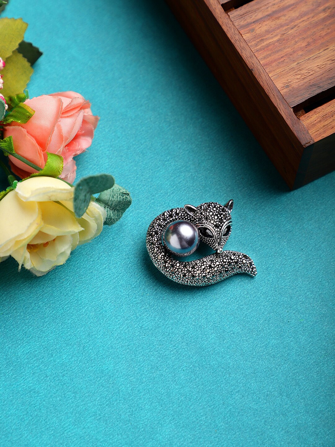 

Mali Fionna Women Silver-Toned & Black Stone-Studded Statement Brooch