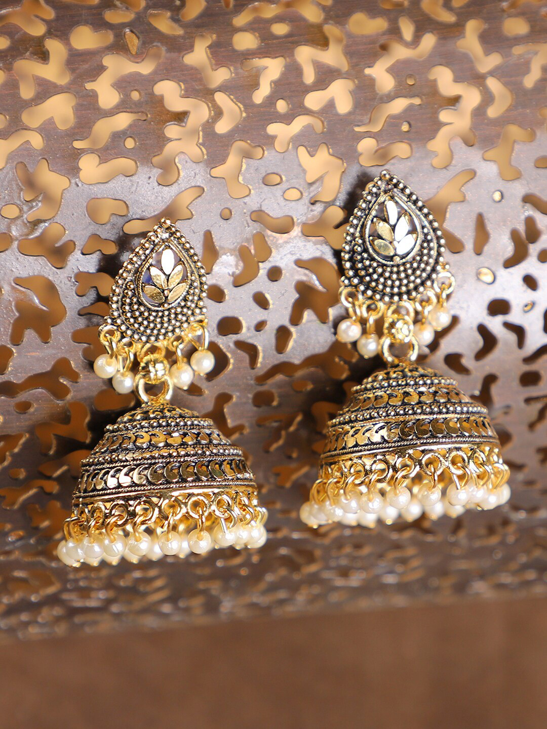 

ANIKAS CREATION Gold-Toned Contemporary Jhumkas Earrings