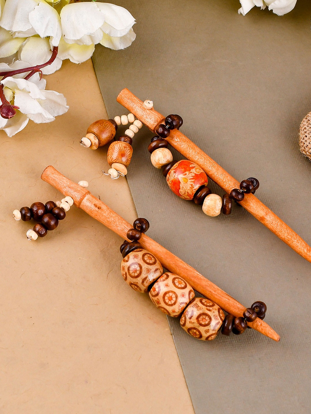 

Silvermerc Designs Women Brown & Beige Set of 2 Wooden Beaded Hairstick