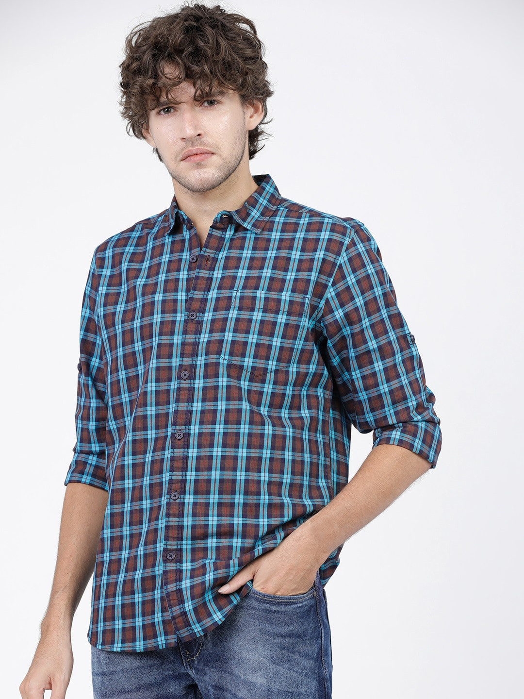 

LOCOMOTIVE Men Blue & Brown Checked Slim Fit Casual Shirt