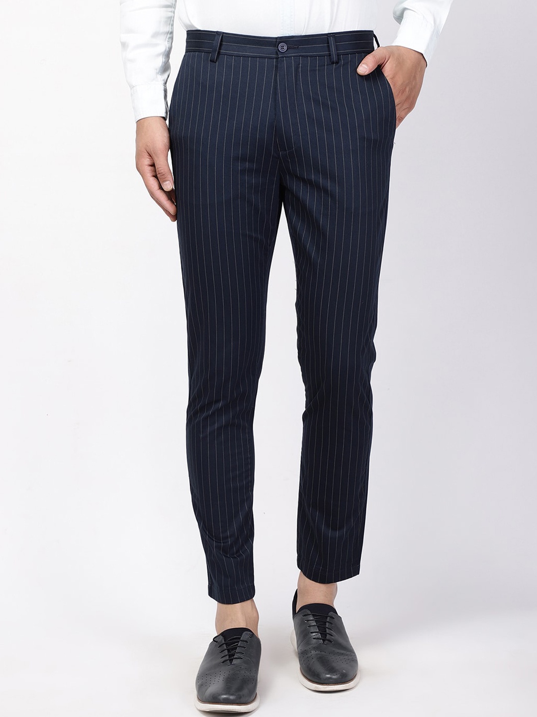 

Blackberrys Men Navy Blue Striped Trousers