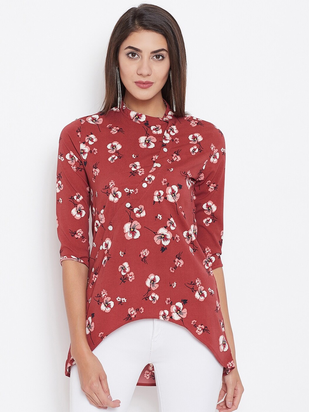 

Ruhaans Rust Orange & Pink Mandarin Collar Printed Tunic
